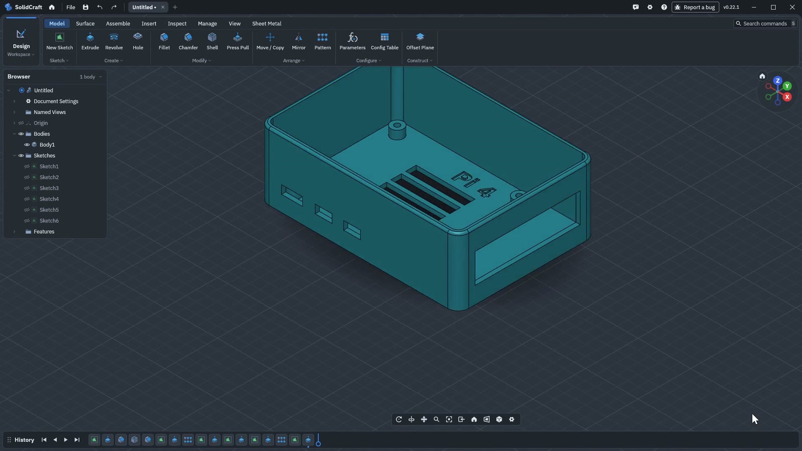 A teal Raspberry Pi enclosure with port cutouts, vents, and internal standoffs in the SolidCraft editor